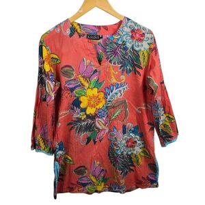 KikiSol Coral Floral Boho Blouse M  Women’s 100% Cotton Tunic Top